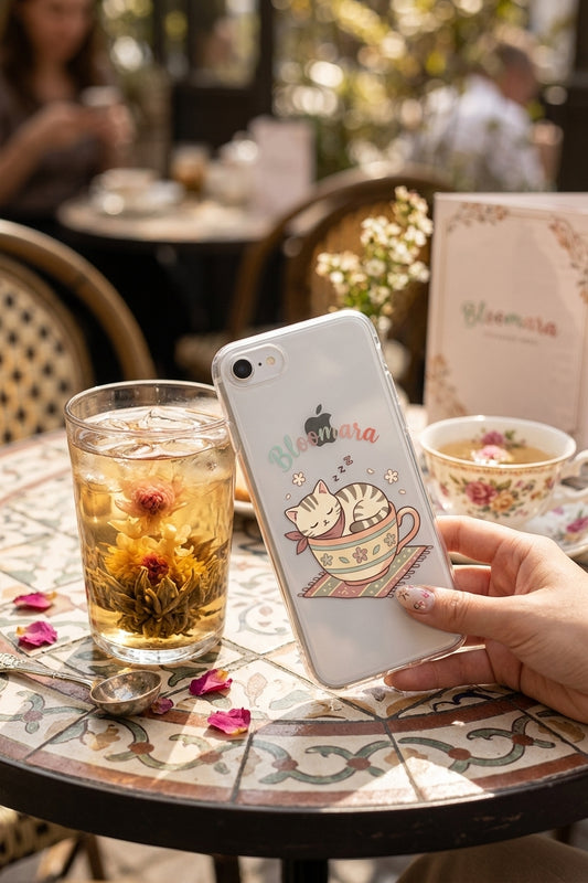 Coque Transparente iPhone « Chaton Floral & Pause Thé » | Bloomara